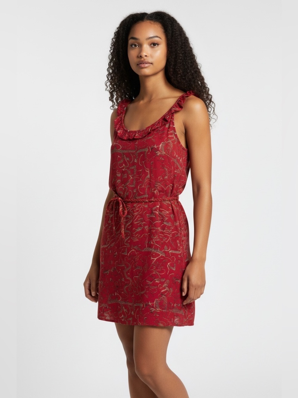 Sacred Threads Red Sleeveless Mini Dress with Ruffle Scoop Chic Design Size S/M